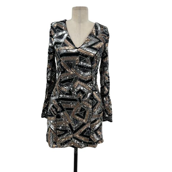 X by NBD Gloria Dress Sequin Mini Bodycon Long‎ Sleeve Silver Black Size 0 - Picture 2 of 12